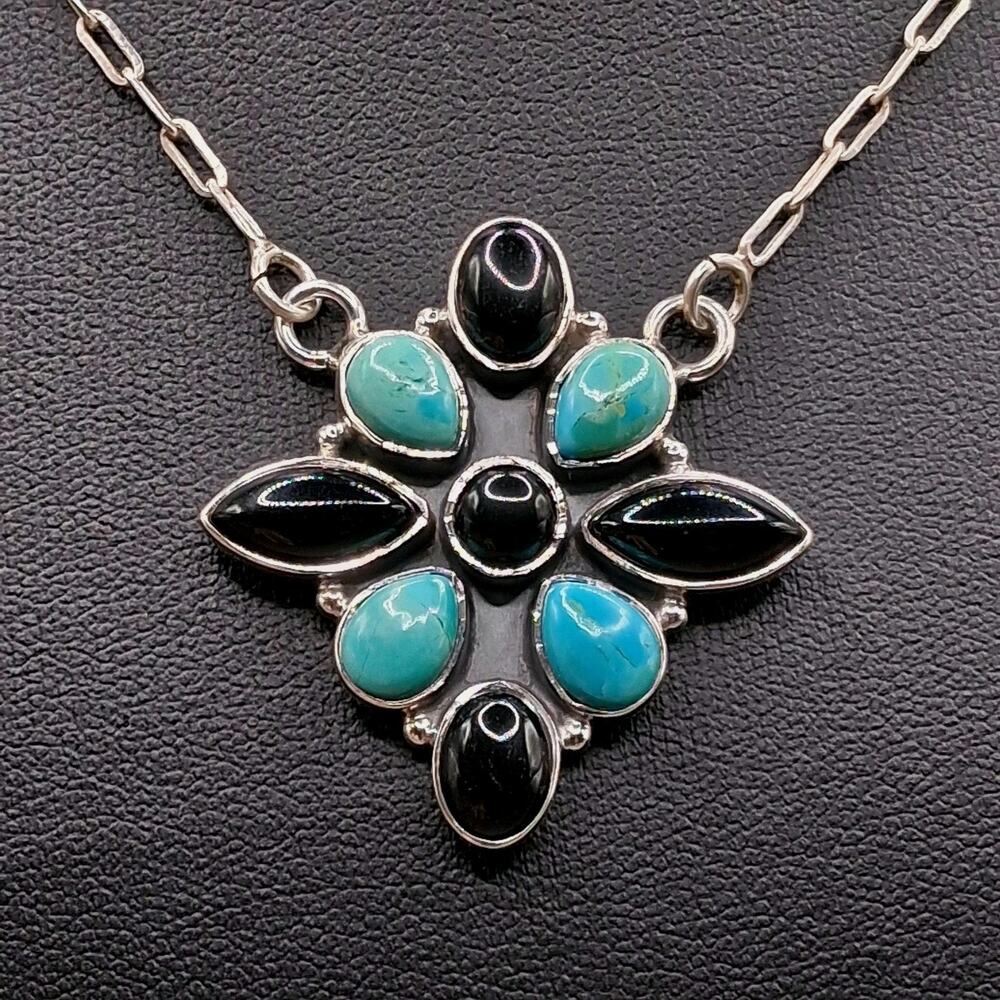 Kingman Turquoise Black Onyx Sterling Silver Cluster Necklace Paperclip Chain